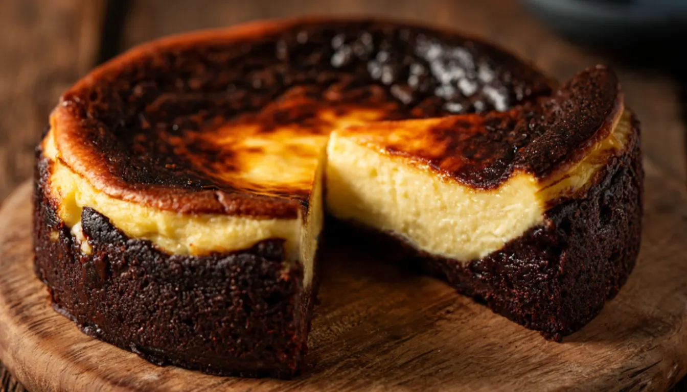 Whole Slutty Basque Cheesecake with burnt caramelized top and fudgy brownie bottom layer on white ceramic plate