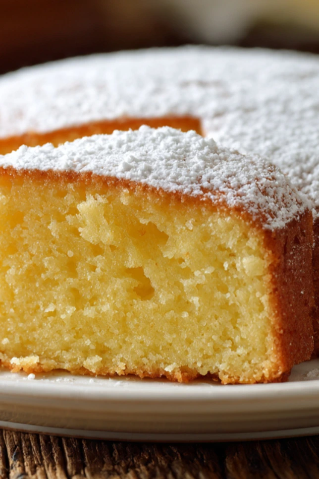 Soft and moist yogurt cake sliced on a white plate with powdered sugar and fresh lemon on a rustic wooden table