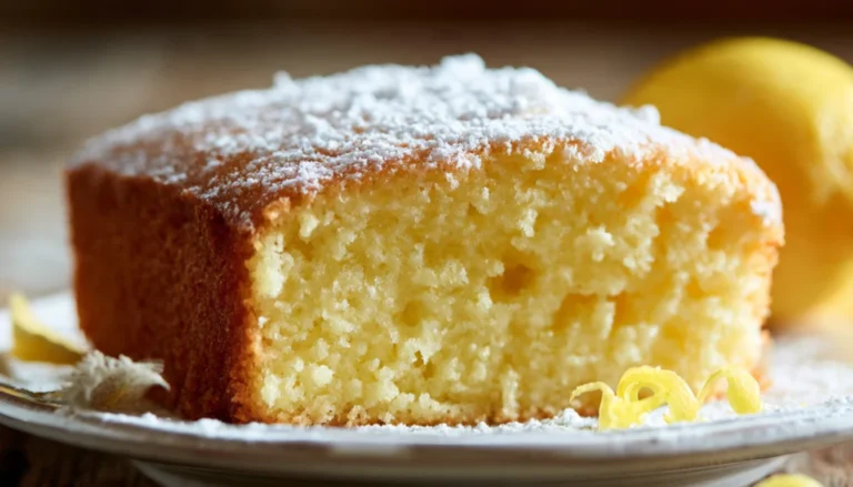 Soft and moist yogurt cake sliced on a white plate with powdered sugar and fresh lemon on a rustic wooden table