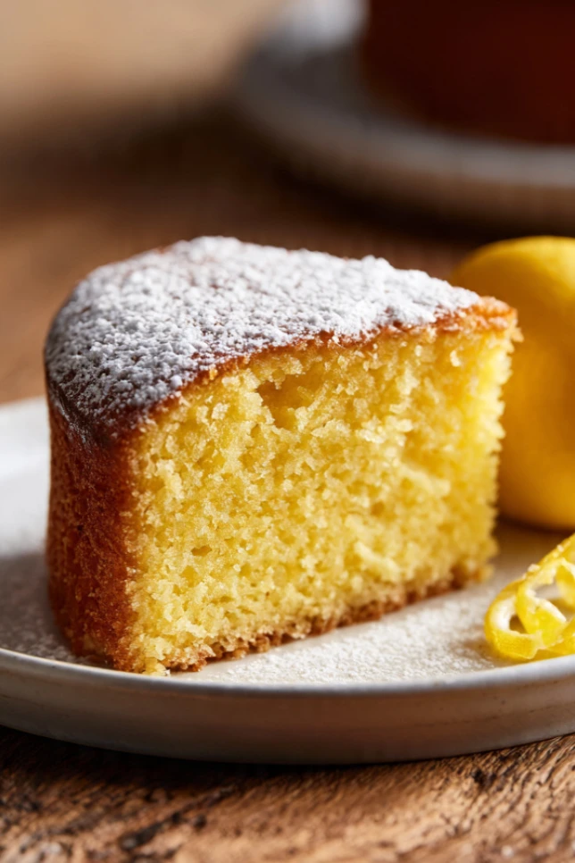 Soft and moist yogurt cake sliced on a white plate with powdered sugar and fresh lemon on a rustic wooden table