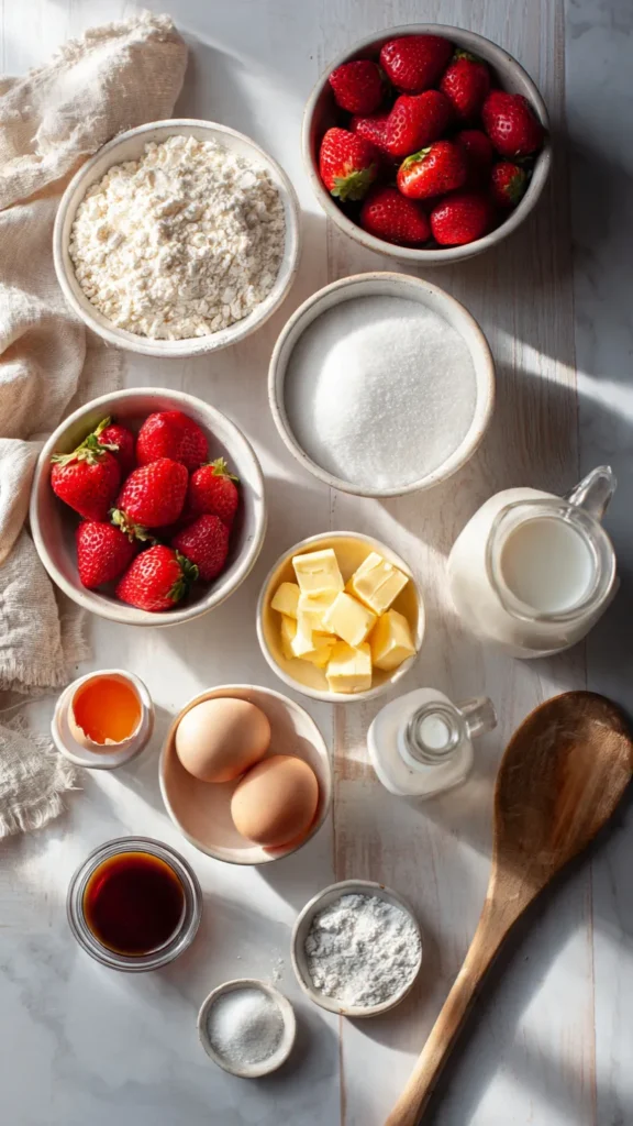 Flat lay of strawberry velvet cake ingredients including fresh strawberries, flour, sugar, butter, eggs, buttermilk, and vanilla extract