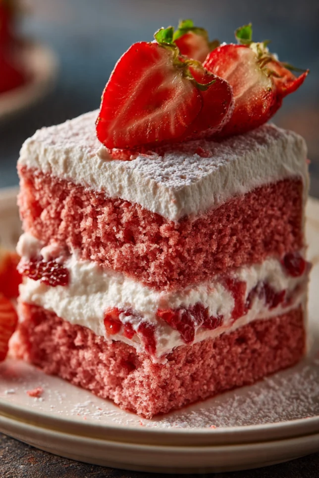 Three-layer strawberry velvet cake topped with fresh strawberries and cream cheese frosting, with one slice cut to show the soft pink crumb