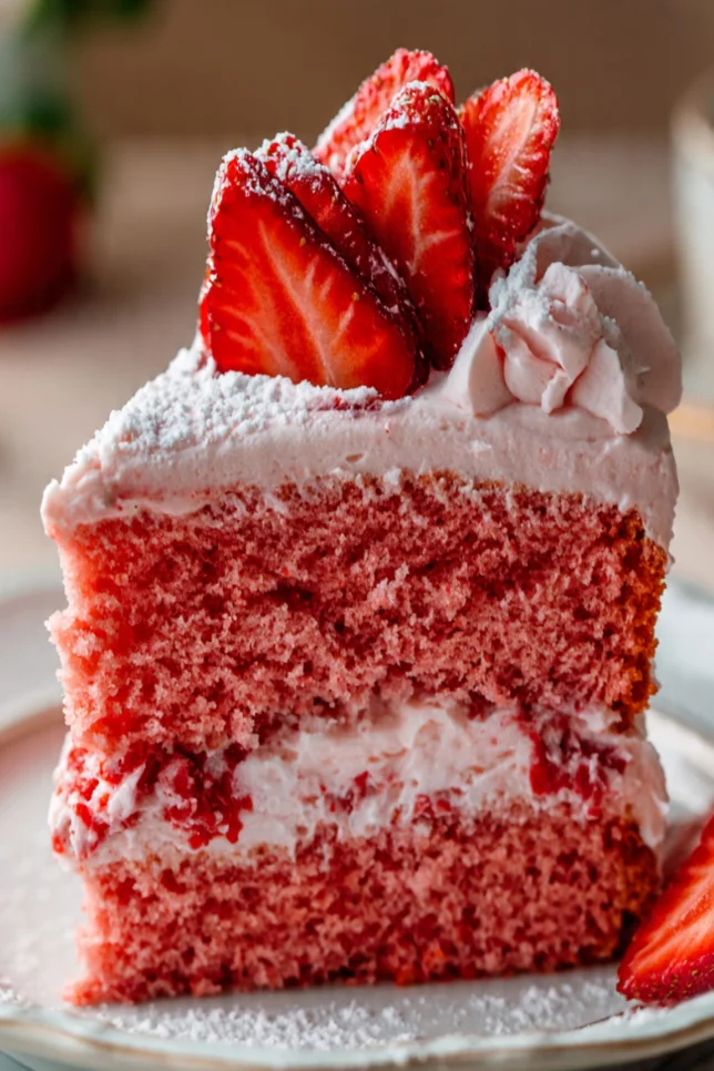 Three-layer strawberry velvet cake topped with fresh strawberries and cream cheese frosting, with one slice cut to show the soft pink crumb