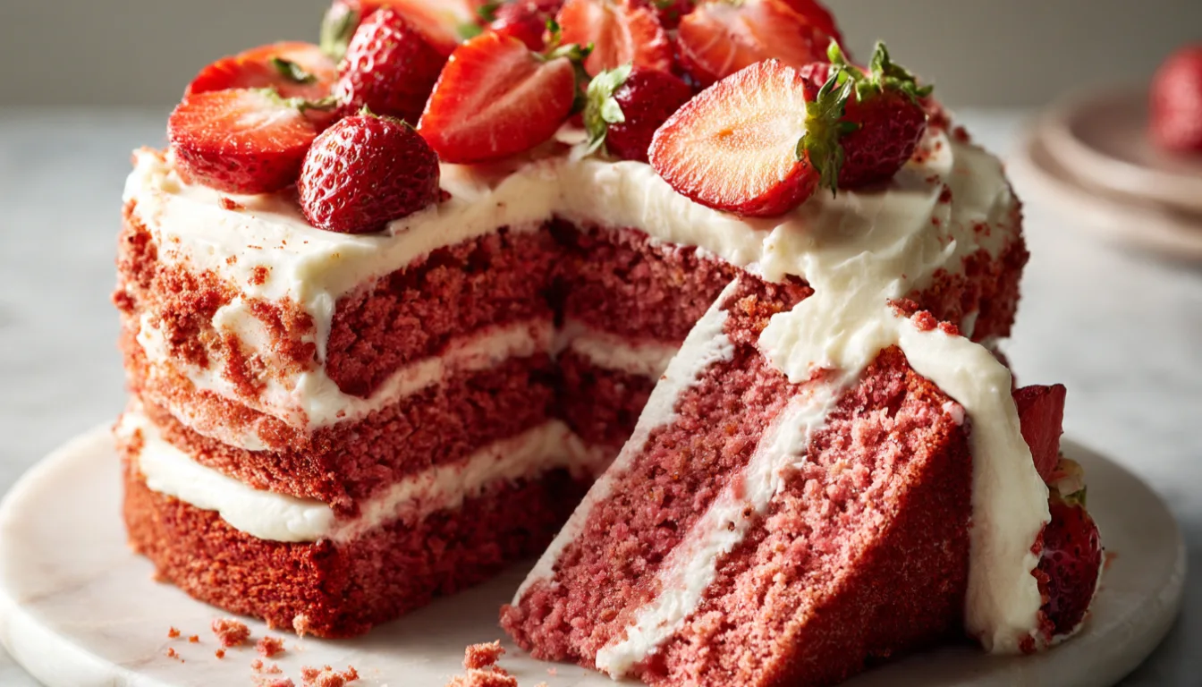 Three-layer strawberry velvet cake topped with fresh strawberries and cream cheese frosting, with one slice cut to show the soft pink crumb