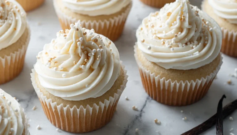 Vanilla bakery style cupcakes topped with swirled vanilla buttercream frosting on a marble countertop