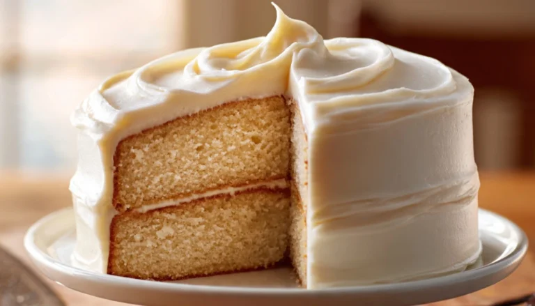 Sliced vanilla velvet cake with white buttercream frosting on a cake stand, showing a soft fine crumb