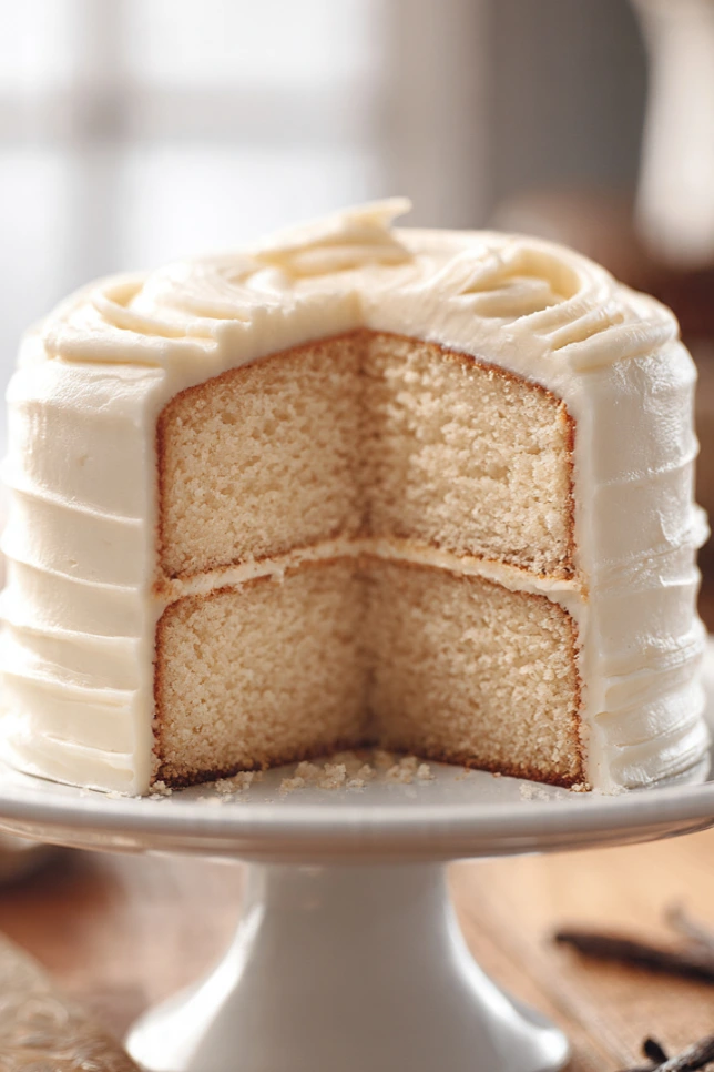 Sliced vanilla velvet cake with white buttercream frosting on a cake stand, showing a soft fine crumb