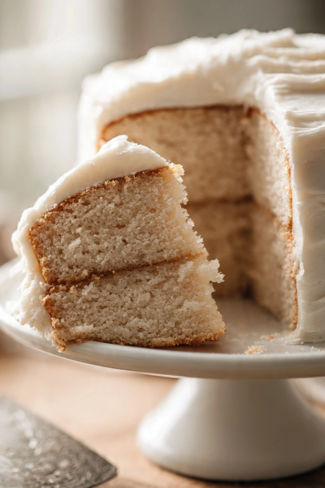 Sliced vanilla velvet cake with white buttercream frosting on a cake stand, showing a soft fine crumb