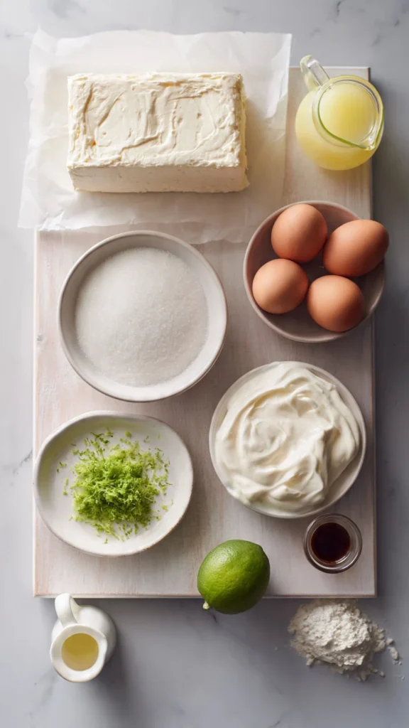 Heavy cream, powdered sugar, lime zest, and lime slices for cheesecake topping
