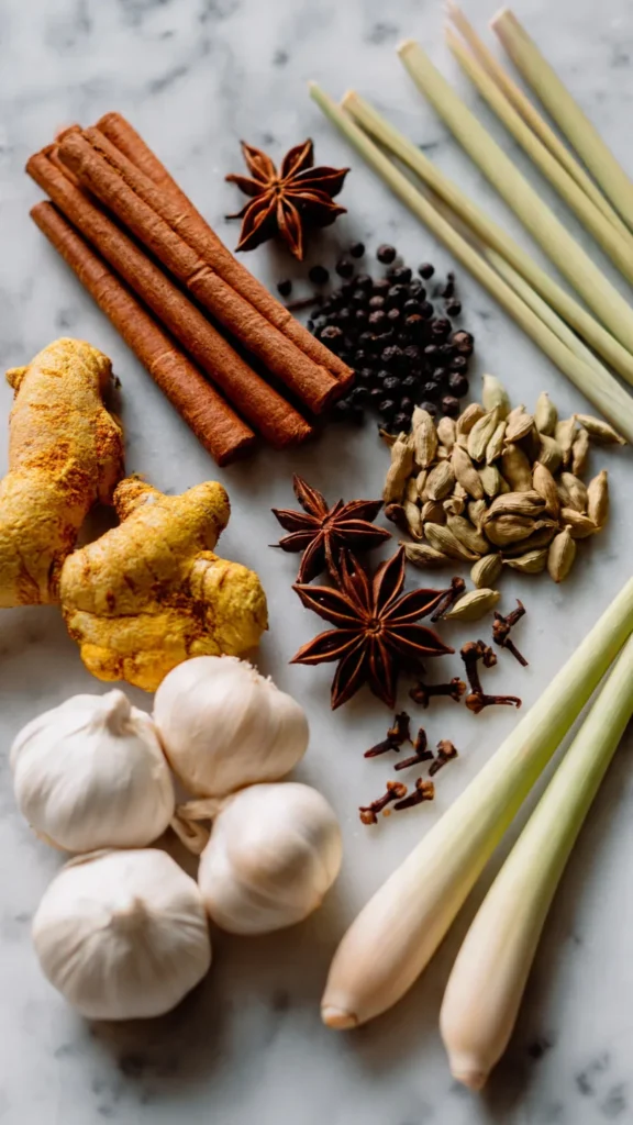 Whole spices for Malay chicken soup including cinnamon sticks, star anise, cardamom pods, cloves, black peppercorns, turmeric, ginger, garlic, and lemongrass arranged on a white marble surface
