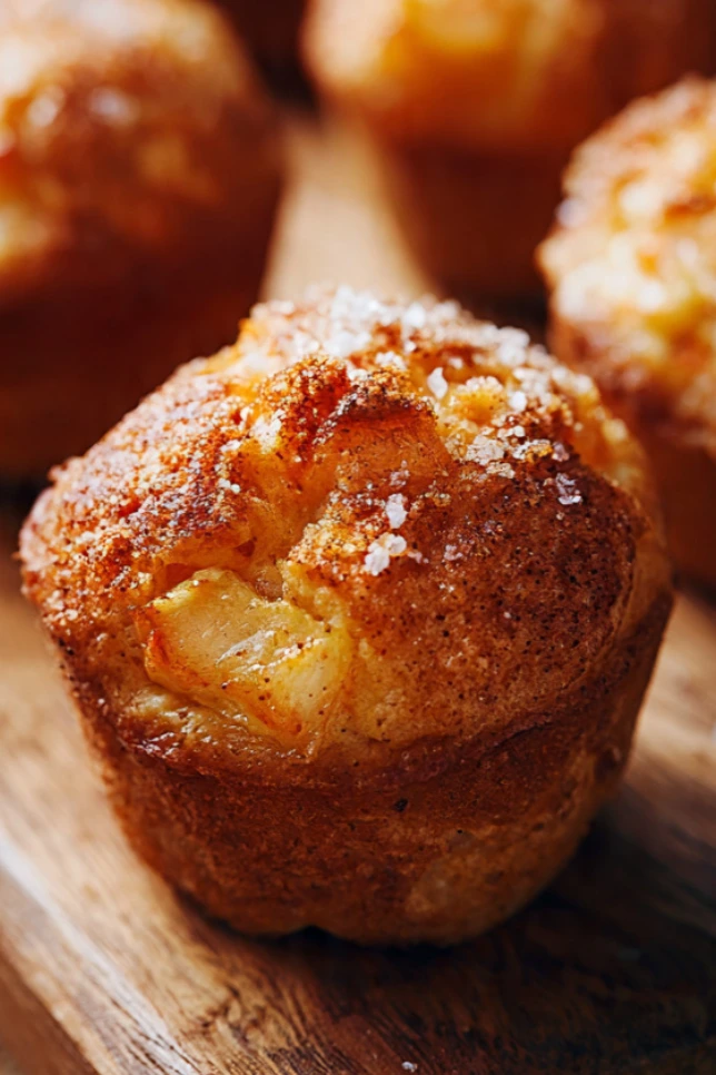 Golden yogurt apple cinnamon mini muffins stacked on a wooden board with one broken open showing a moist crumb