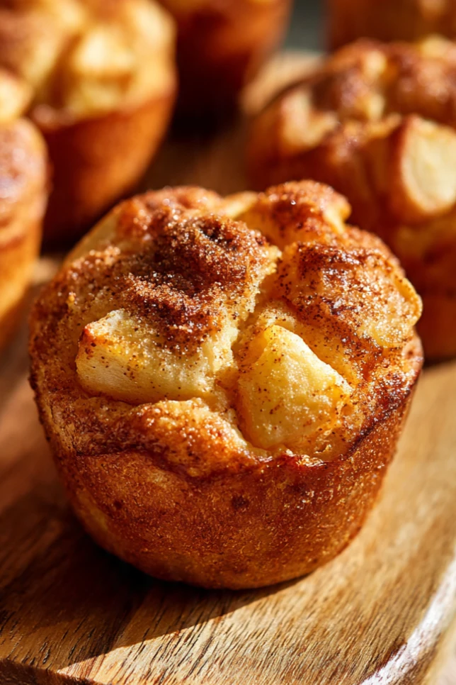 Golden yogurt apple cinnamon mini muffins stacked on a wooden board with one broken open showing a moist crumb