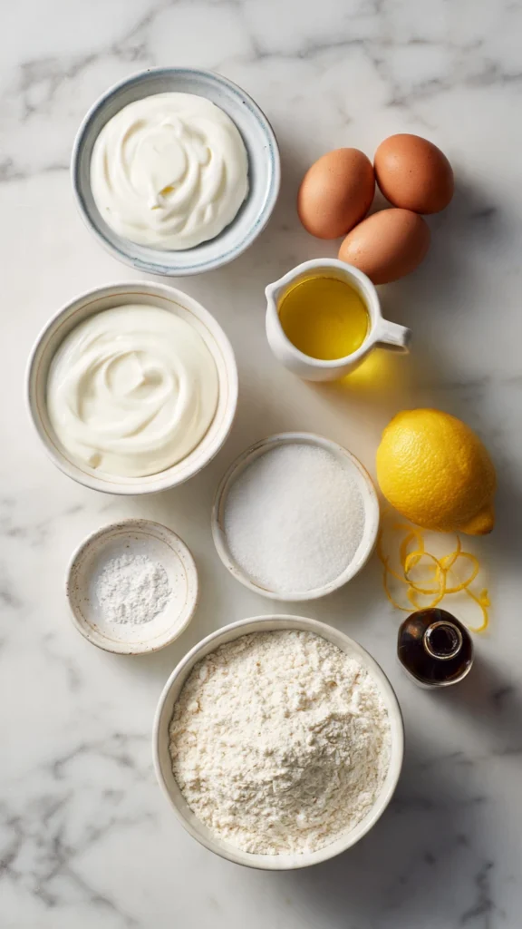Ingredients for soft yogurt cake laid out on white marble including Greek yogurt, eggs, flour, sugar, oil, lemon, and vanilla extract