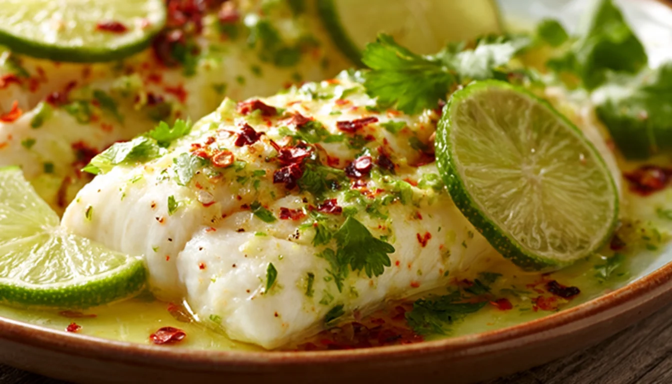 Zesty lime and chili white fish fillet on a dark ceramic plate garnished with cilantro and lime wedges