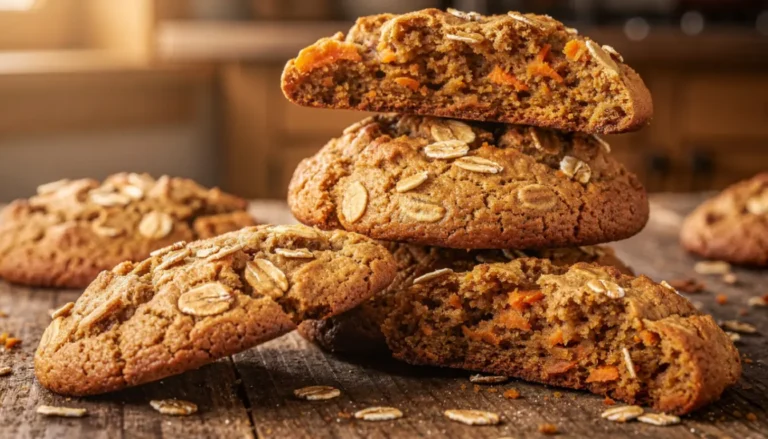 Stack of baked carrot, oat and banana cookies with one cookie broken in half showing the soft interior