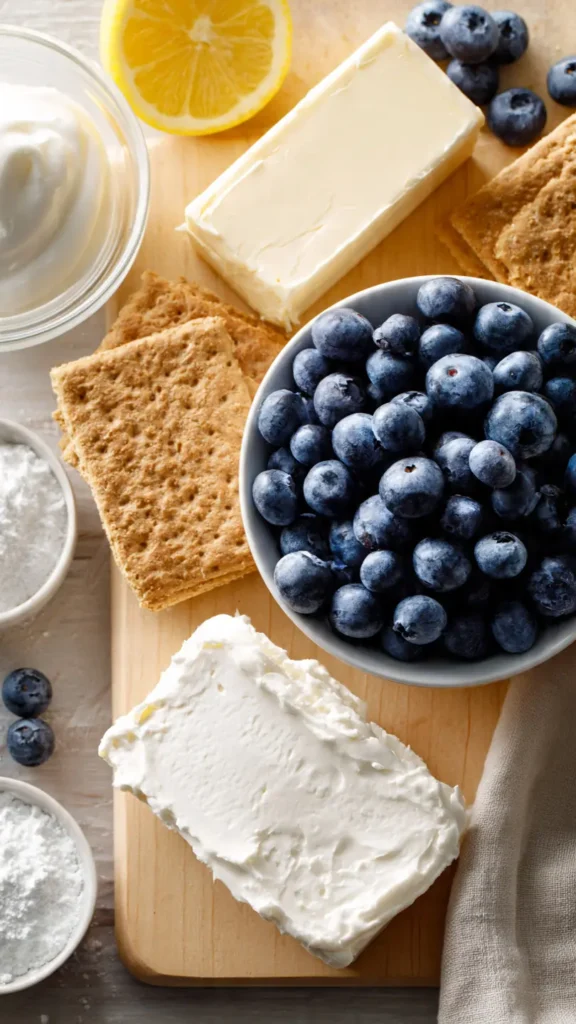 Ingredients for no-bake blueberry cheesecake including cream cheese, blueberries, graham crackers, and heavy cream