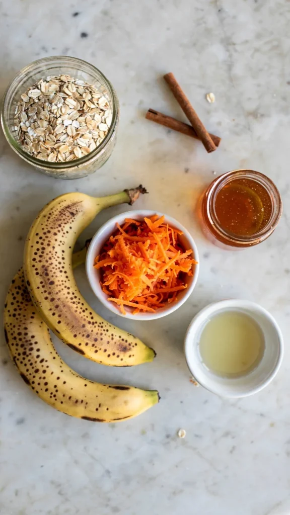 Flat lay of ripe bananas, grated carrots, rolled oats, honey and cinnamon for baked cookies