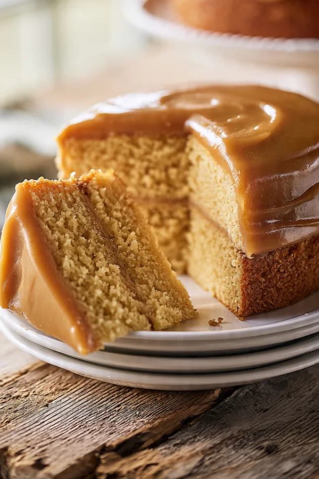 Catch A Husband Cake with homemade caramel frosting on a white cake stand