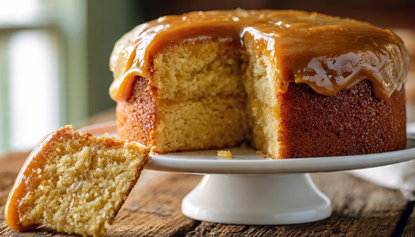 Catch A Husband Cake with homemade caramel frosting on a white cake stand
