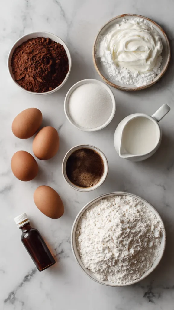 Ingredients for chocolate custard cupcakes including cocoa powder, eggs, coffee, flour, sugar, sour cream, and vanilla extract on a marble surface