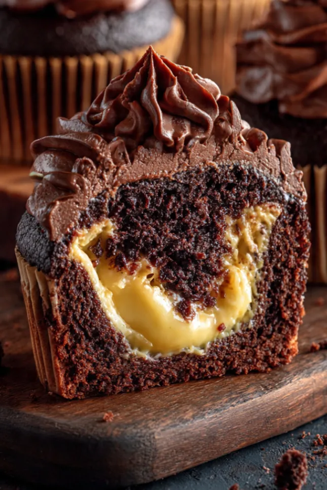 Chocolate custard cupcakes with vanilla custard filling and whipped chocolate frosting on a dark wooden board