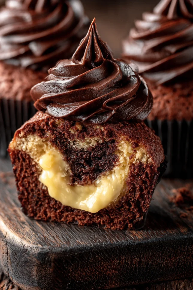 Chocolate custard cupcakes with vanilla custard filling and whipped chocolate frosting on a dark wooden board