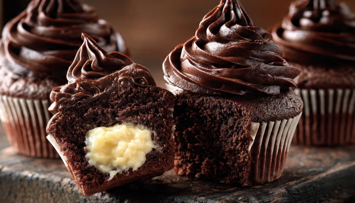 Chocolate custard cupcakes with vanilla custard filling and whipped chocolate frosting on a dark wooden board