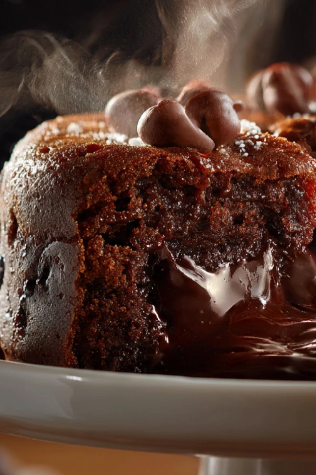 Chocolate lava mochi cake with molten ganache center being pulled apart on a white cake stand