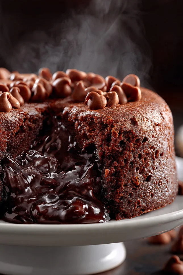 Chocolate lava mochi cake with molten ganache center being pulled apart on a white cake stand