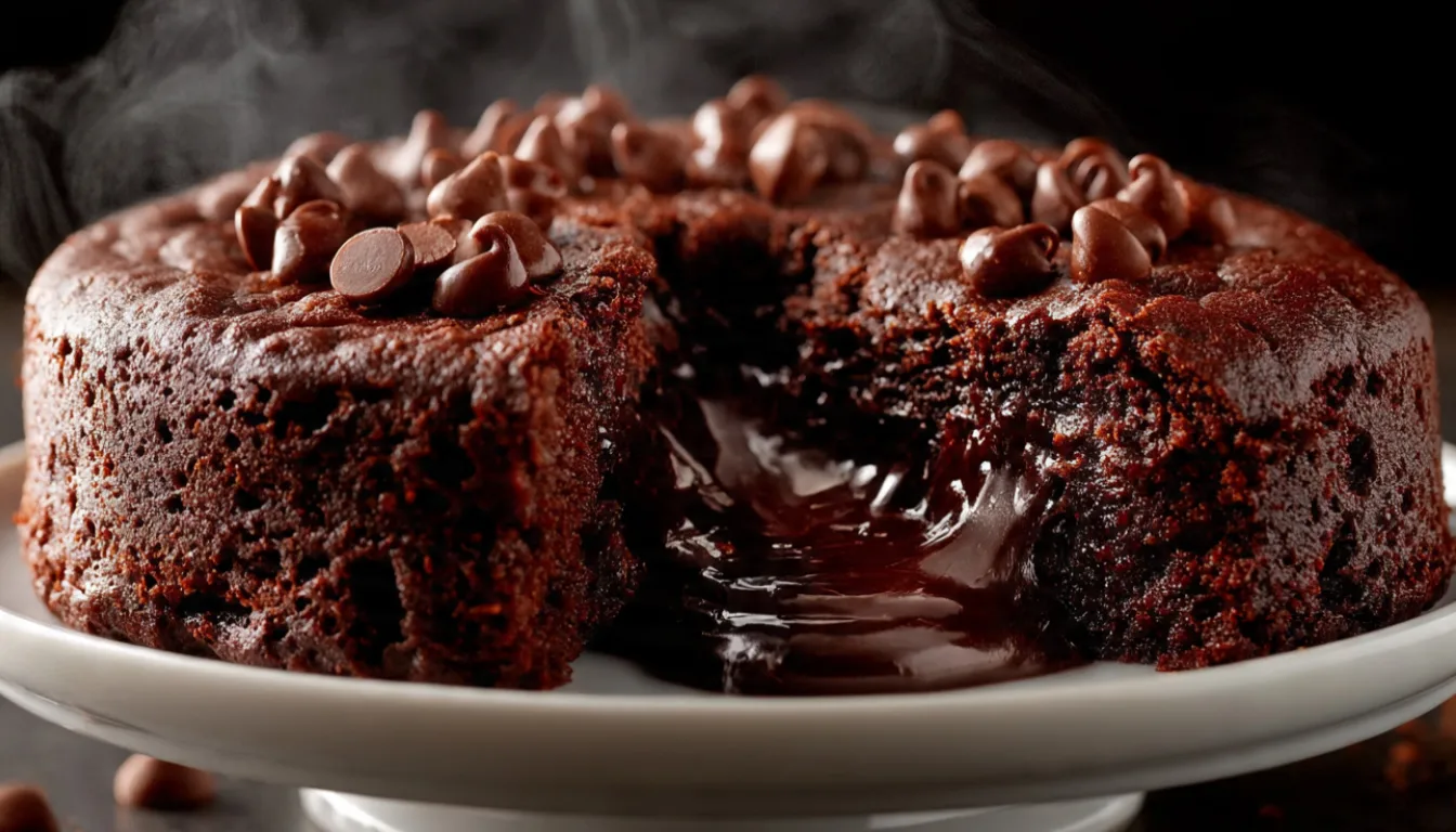 Chocolate lava mochi cake with molten ganache center being pulled apart on a white cake stand