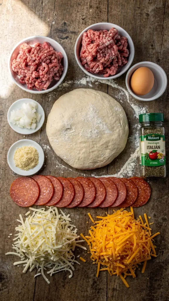 Raw ingredients for garbage bread including pizza dough, ground beef, sausage, pepperoni, and cheese