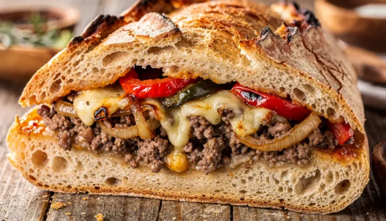 Sliced garbage bread showing melted cheese, sausage, and pepperoni filling on a wooden board
