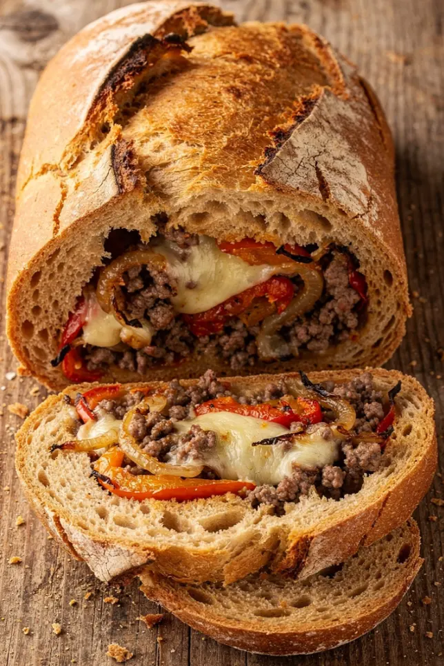 Sliced garbage bread showing melted cheese, sausage, and pepperoni filling on a wooden board