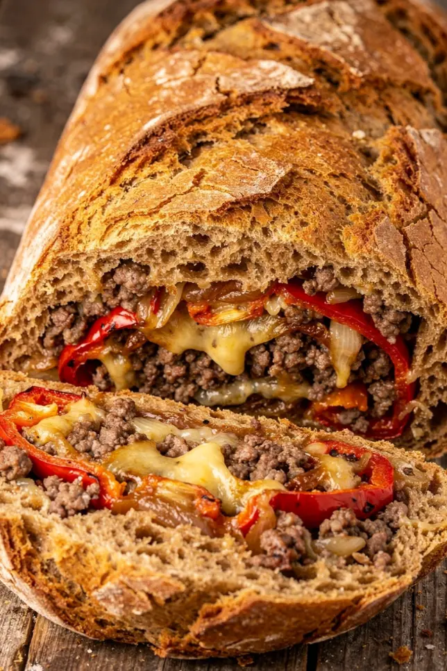 Sliced garbage bread showing melted cheese, sausage, and pepperoni filling on a wooden board