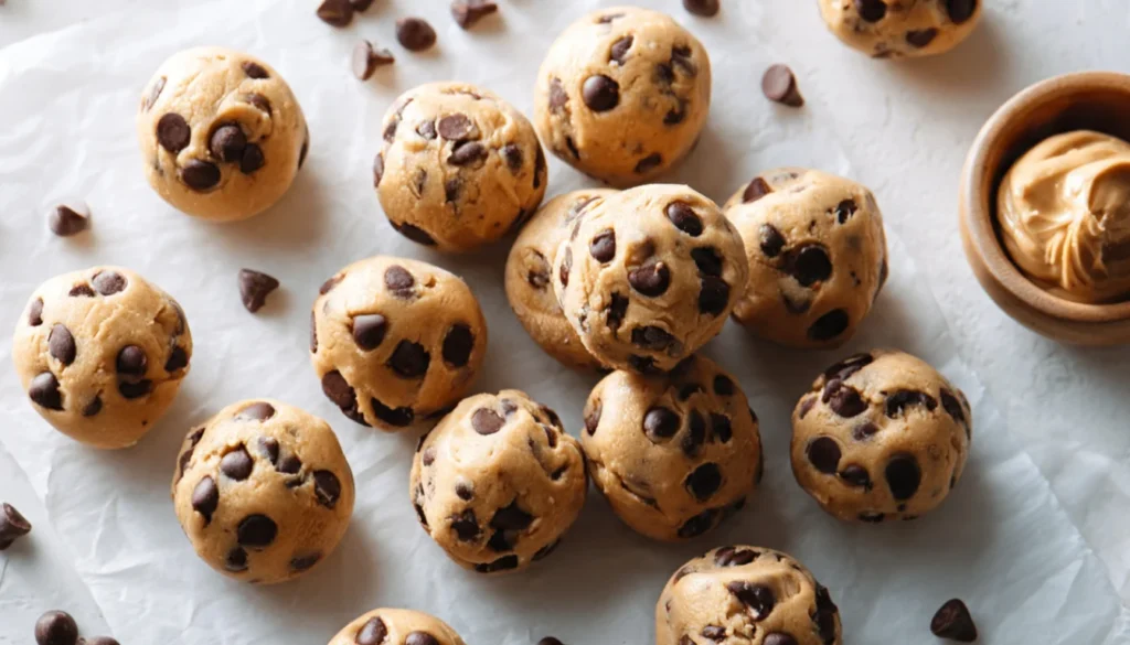 Healthy frozen Greek yogurt peanut butter bites with chocolate chips in a white bowl, some broken in half to show creamy interior