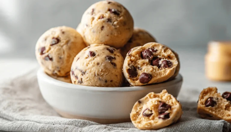 Frozen Greek yogurt peanut butter bites with chocolate chips on parchment paper