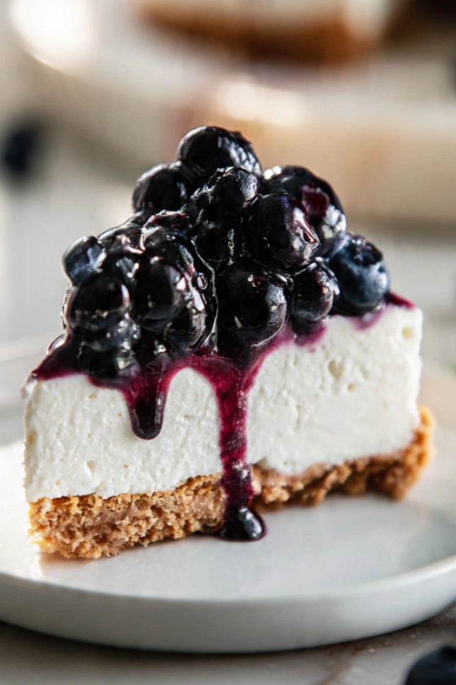 Slice of no-bake blueberry cheesecake topped with fresh blueberry compote on a white plate