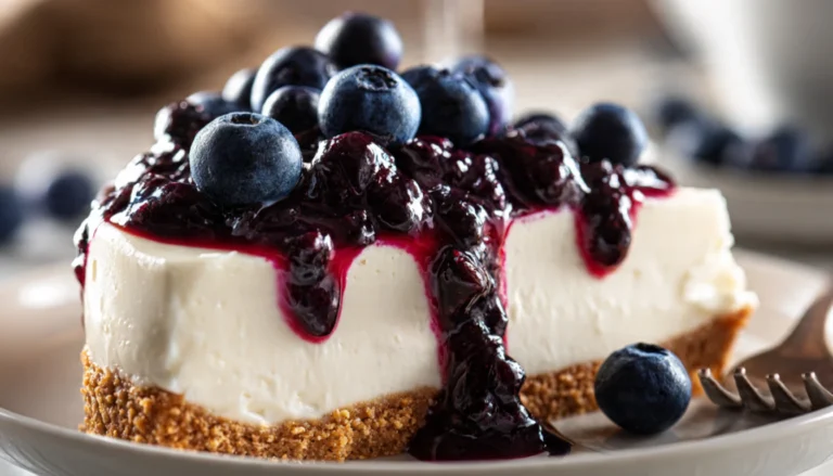 Slice of no-bake blueberry cheesecake topped with fresh blueberry compote on a white plate