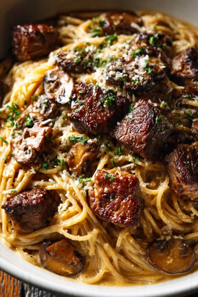 Overhead view of creamy garlic steak bites spaghetti with mushrooms in a white bowl topped with parmesan and fresh parsley