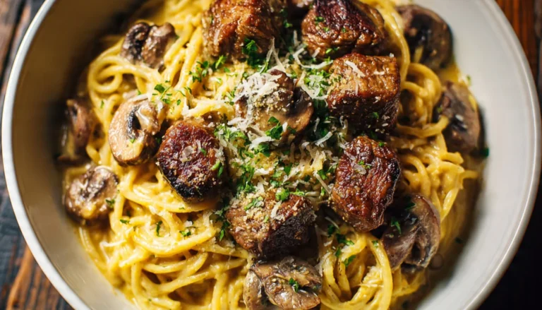 Overhead view of creamy garlic steak bites spaghetti with mushrooms in a white bowl topped with parmesan and fresh parsley