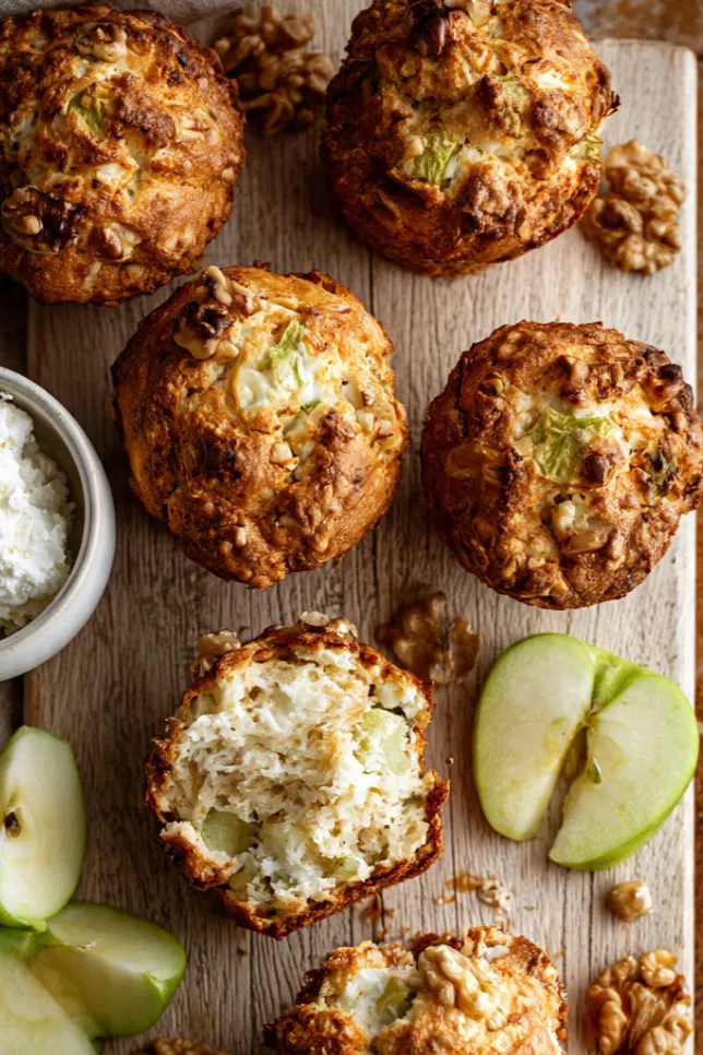 Overhead view of golden cottage cheese muffins with green apple and walnut on a wooden cutting board, one muffin broken open showing moist interior