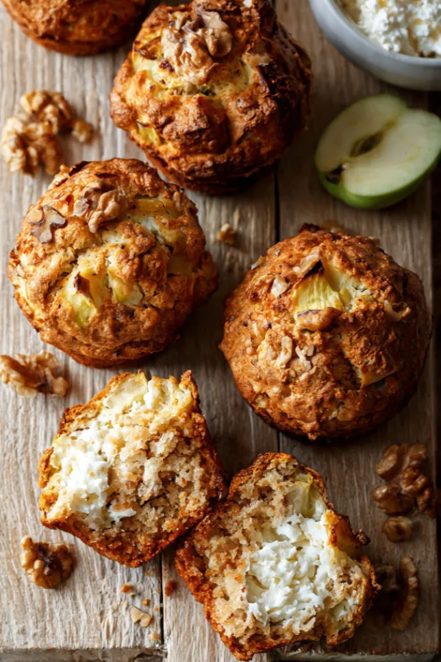 Overhead view of golden cottage cheese muffins with green apple and walnut on a wooden cutting board, one muffin broken open showing moist interior
