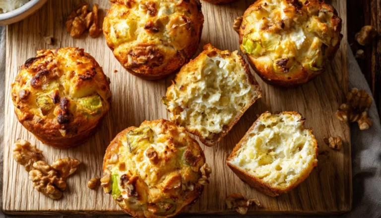 Overhead view of golden cottage cheese muffins with green apple and walnut on a wooden cutting board, one muffin broken open showing moist interior
