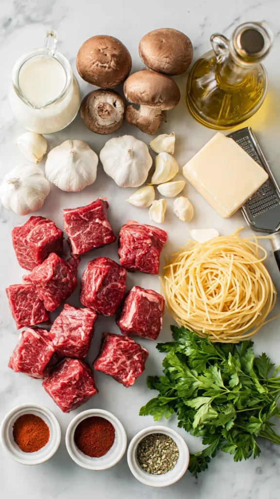 Flat lay of all ingredients needed for creamy garlic steak pasta including sirloin steak, mushrooms, spaghetti, garlic, heavy cream and parmesan on marble surface