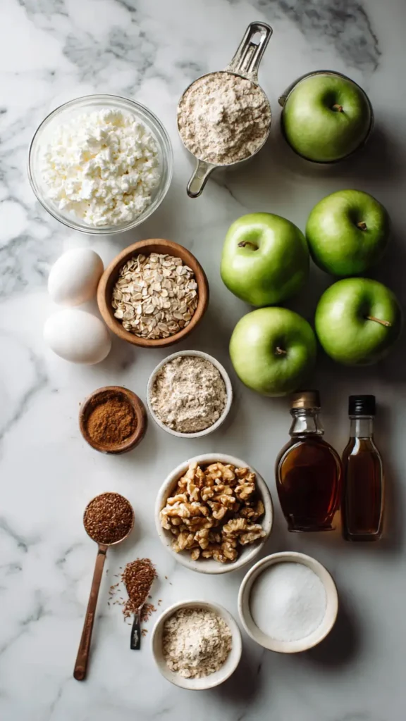 Flat lay of all ingredients for cottage cheese muffins including eggs, rolled oats, green apple, walnuts, maple syrup, cottage cheese, and spices arranged on white marble