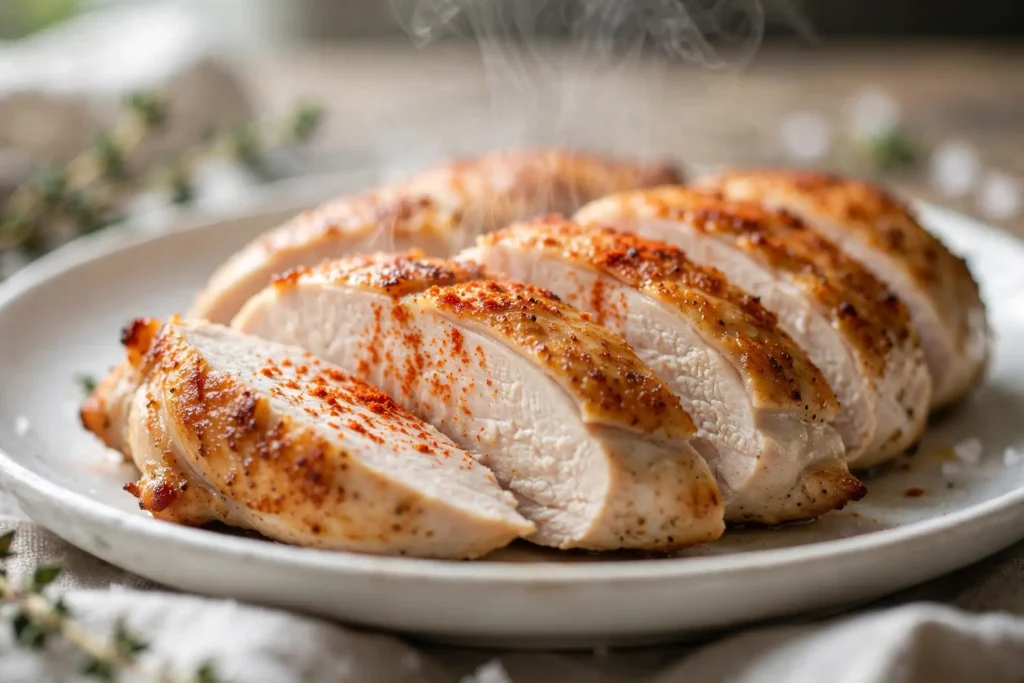 Sliced golden air fryer chicken breast seasoned with garlic and paprika on a white plate
