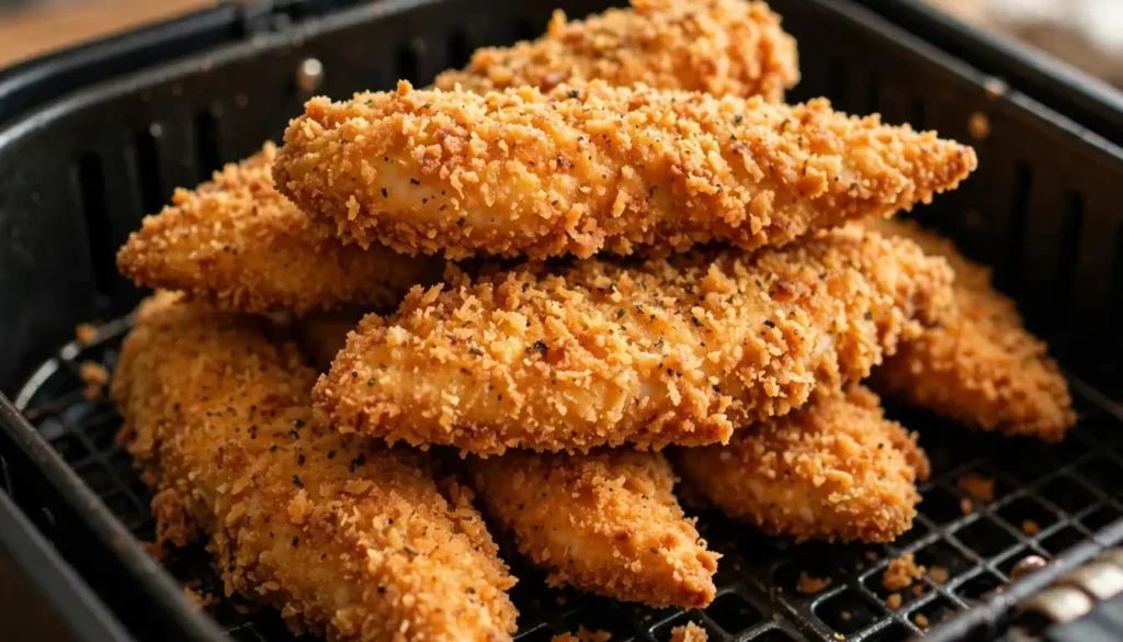 Golden crispy air fryer chicken tenders in a basket