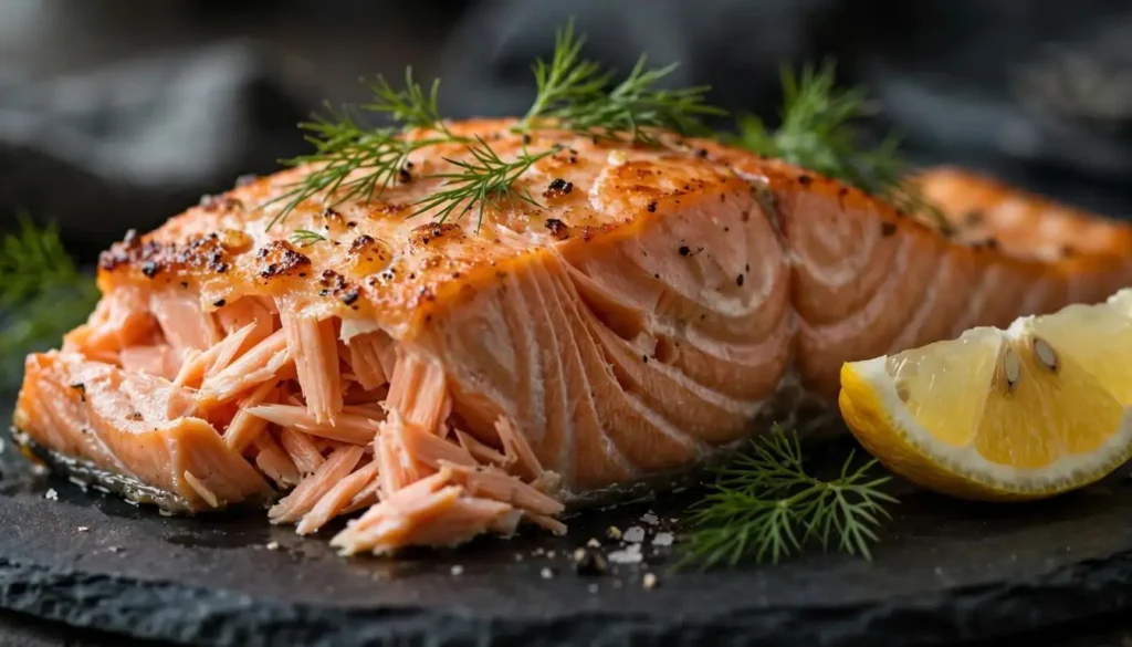 Air fryer salmon fillet garnished with lemon and dill on a plate