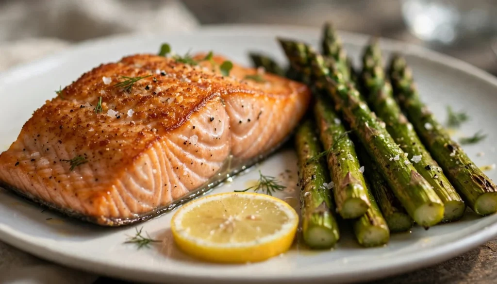 Plated salmon fillet with a golden crust next to a row of roasted asparagus spears, lemon slice on the plate, white ceramic plate, soft side lighting, restaurant-style plating