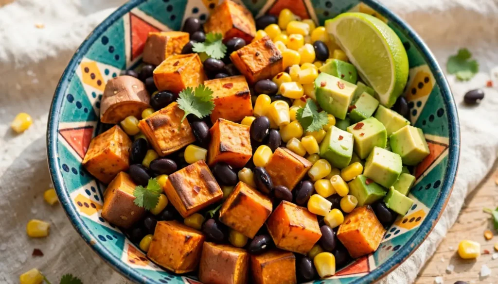 Black bean and roasted sweet potato bowl with avocado